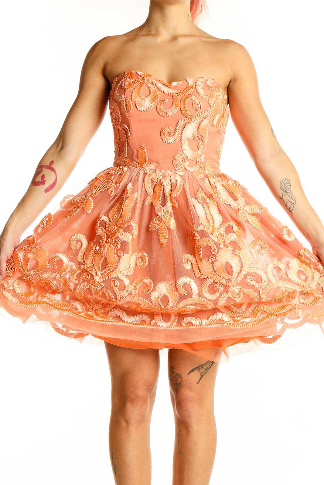 Peach Strapless Embroidered Tulle Cocktail Dress Front