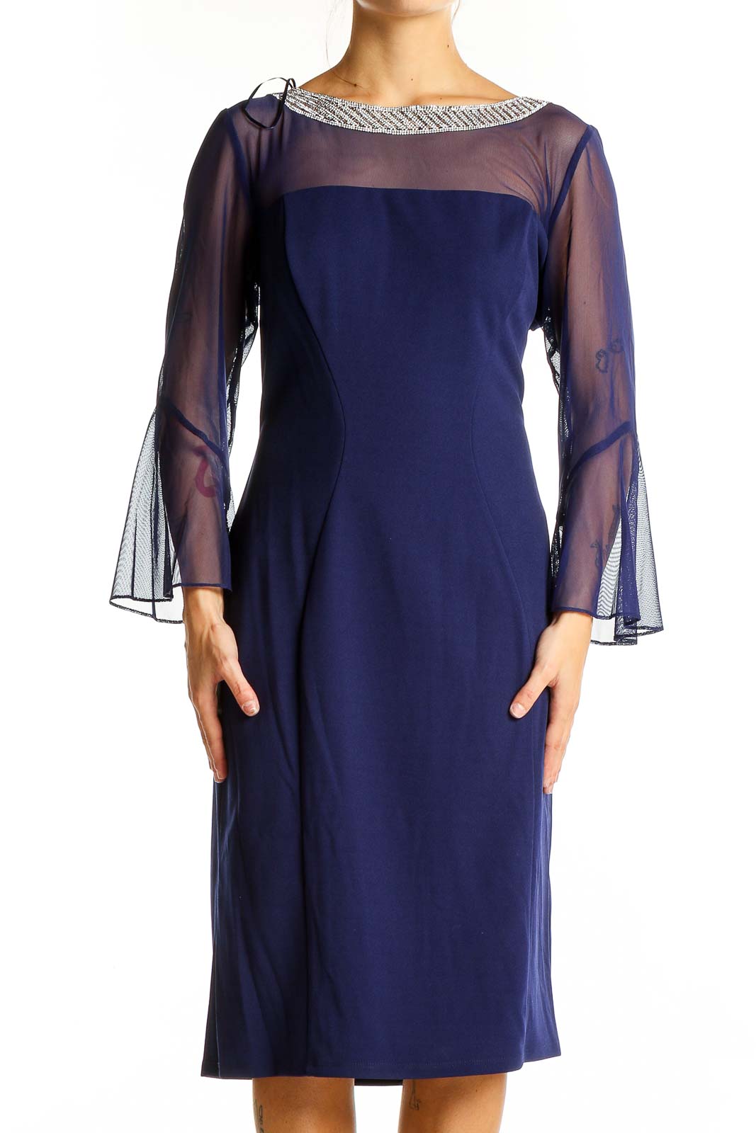 Navy Mesh Detail Evening Dress Front