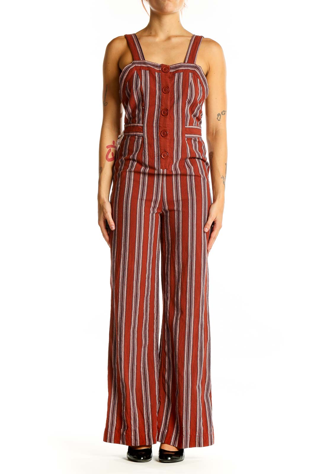 Rust Striped Linen-Rayon Jumpsuit Front