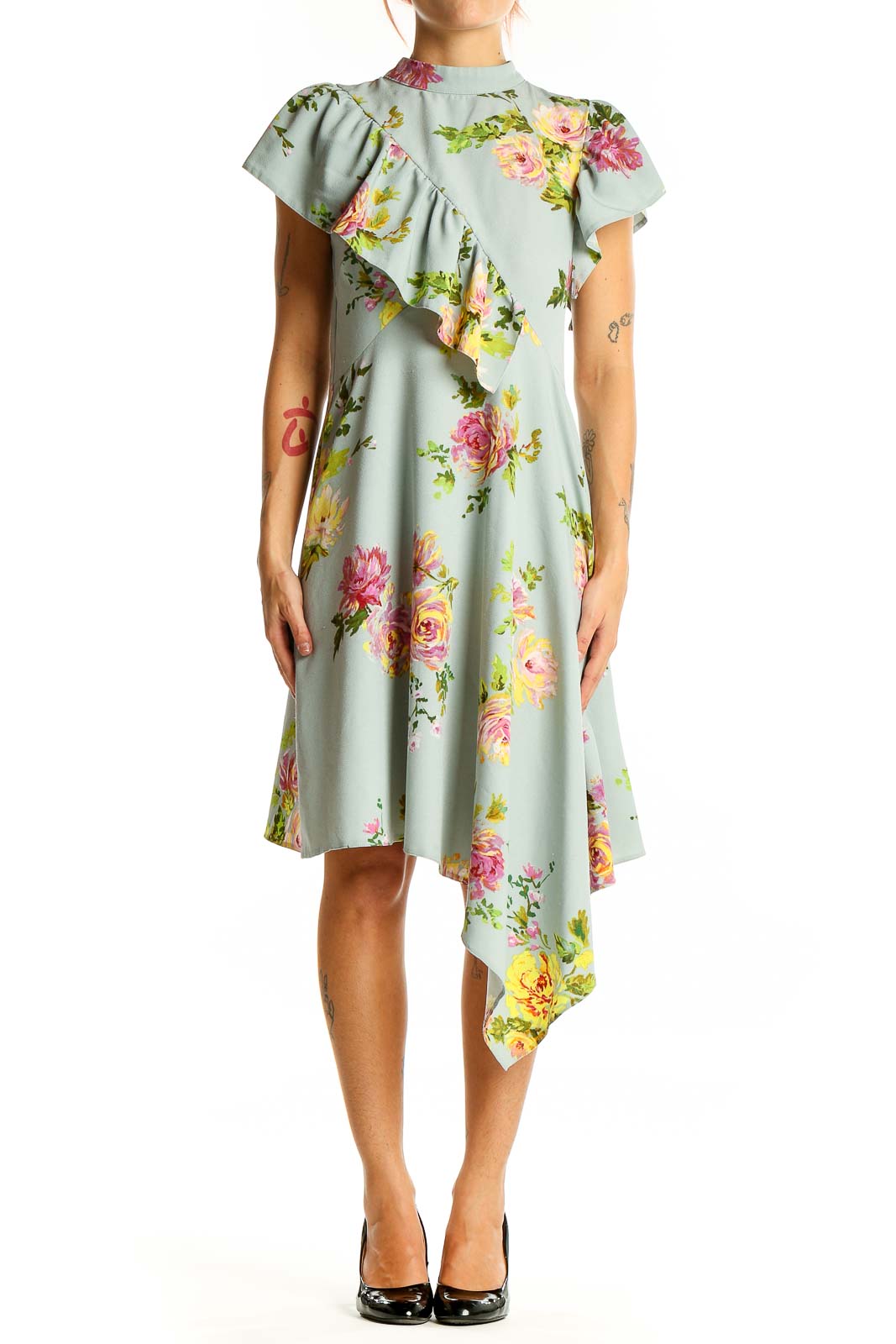 Mint Floral Ruffled Asymmetric Dress Front