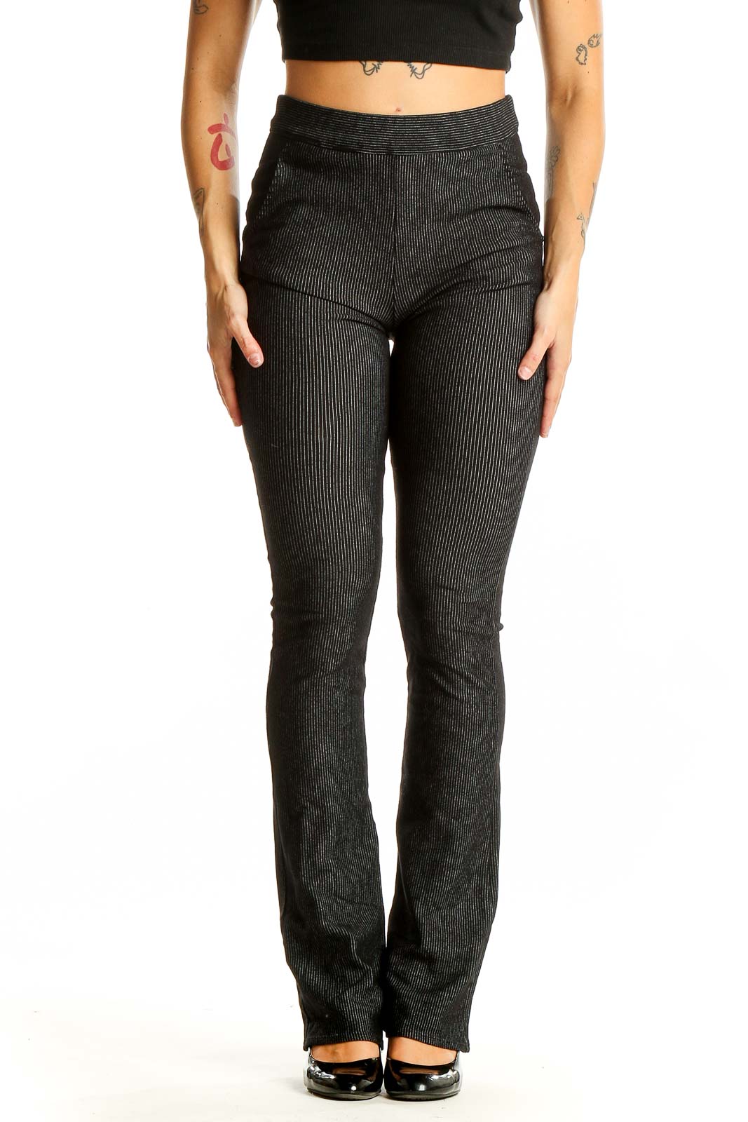 Black Ribbed Flare Pants Front