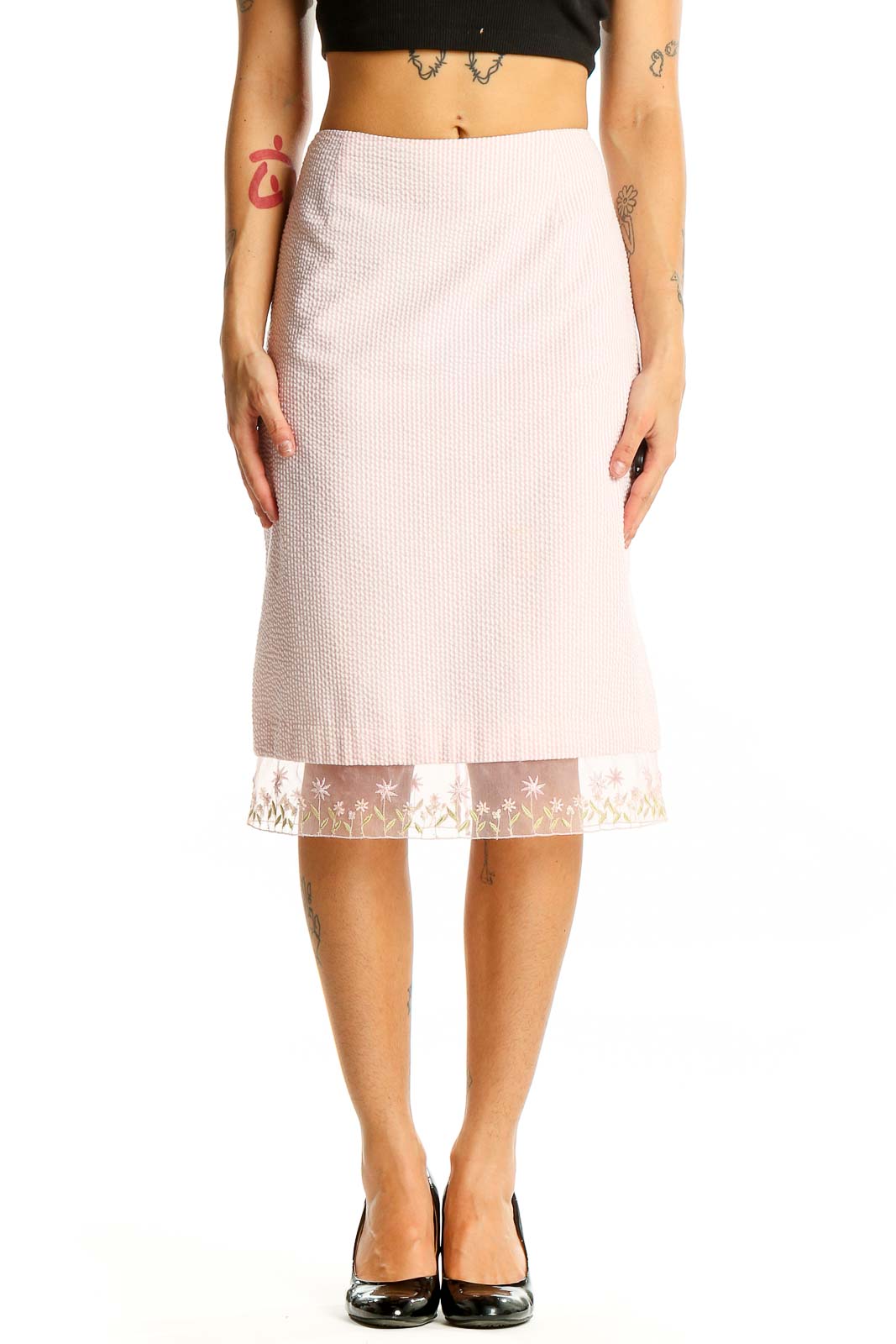 Pink Floral Lace Detail Skirt Front