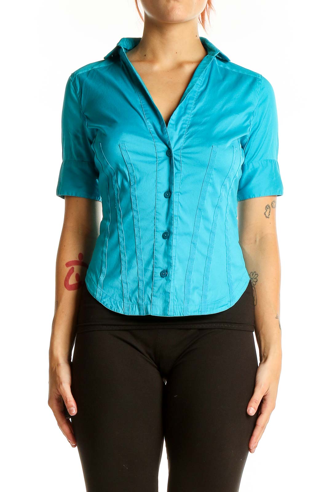Turquoise Short-Sleeve Button-Up Fitted Shirt Front
