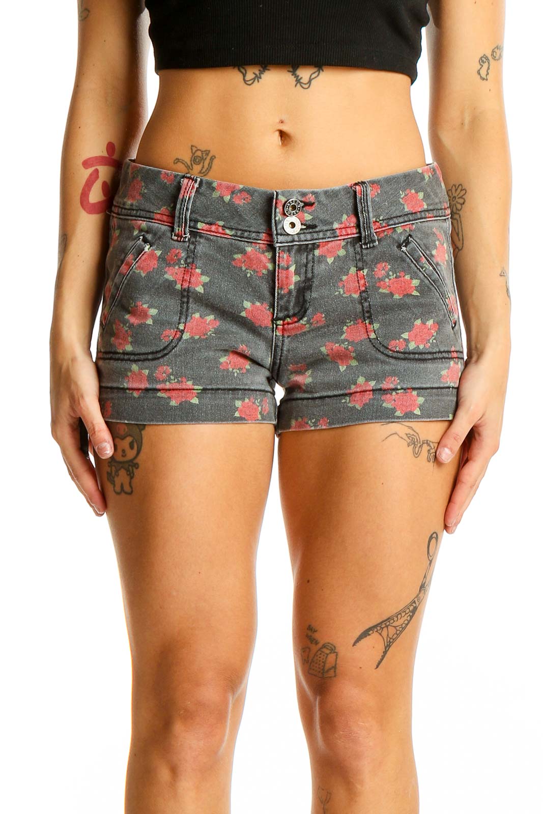 Gray Floral Print Denim Shorts Front