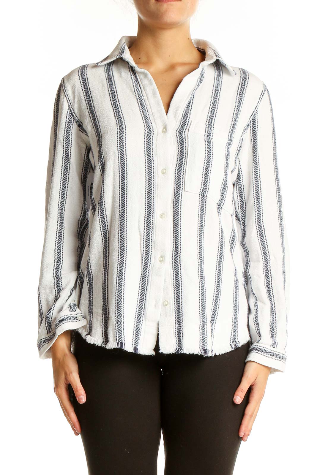 White and Blue Striped Cotton Button-Down Shirt Front