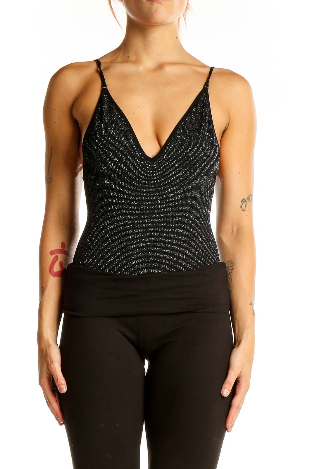 Black Sparkly Plunge Bodysuit Front