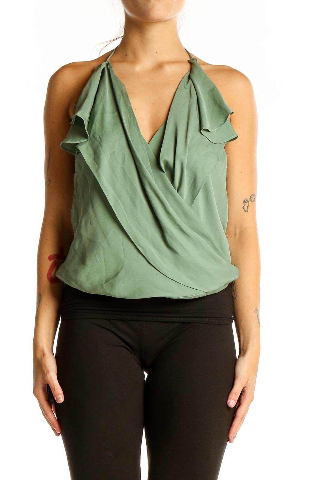 Sage Silk Halter Wrap Top Front