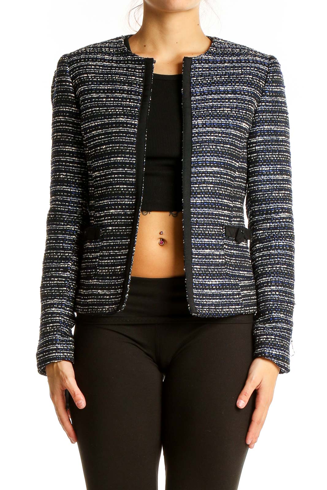 Navy Striped Tweed Blazer Front