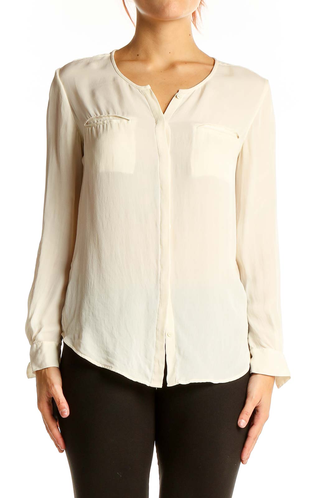Ivory Silk Long-Sleeve Blouse Front