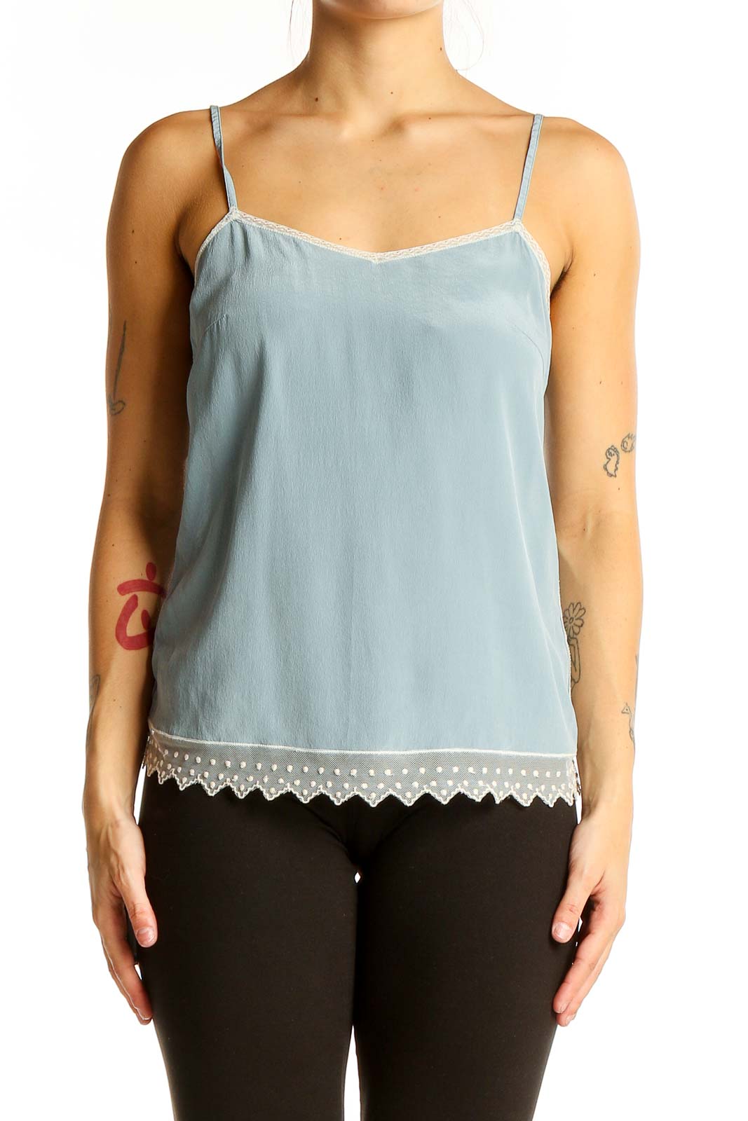 Light Blue Silk Camisole with Lace Trim Front