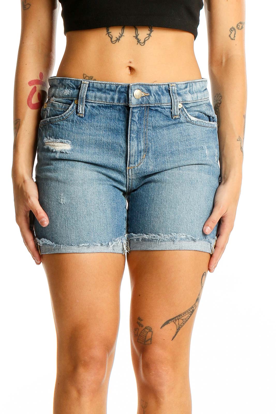Light Blue Distressed Denim Shorts Front