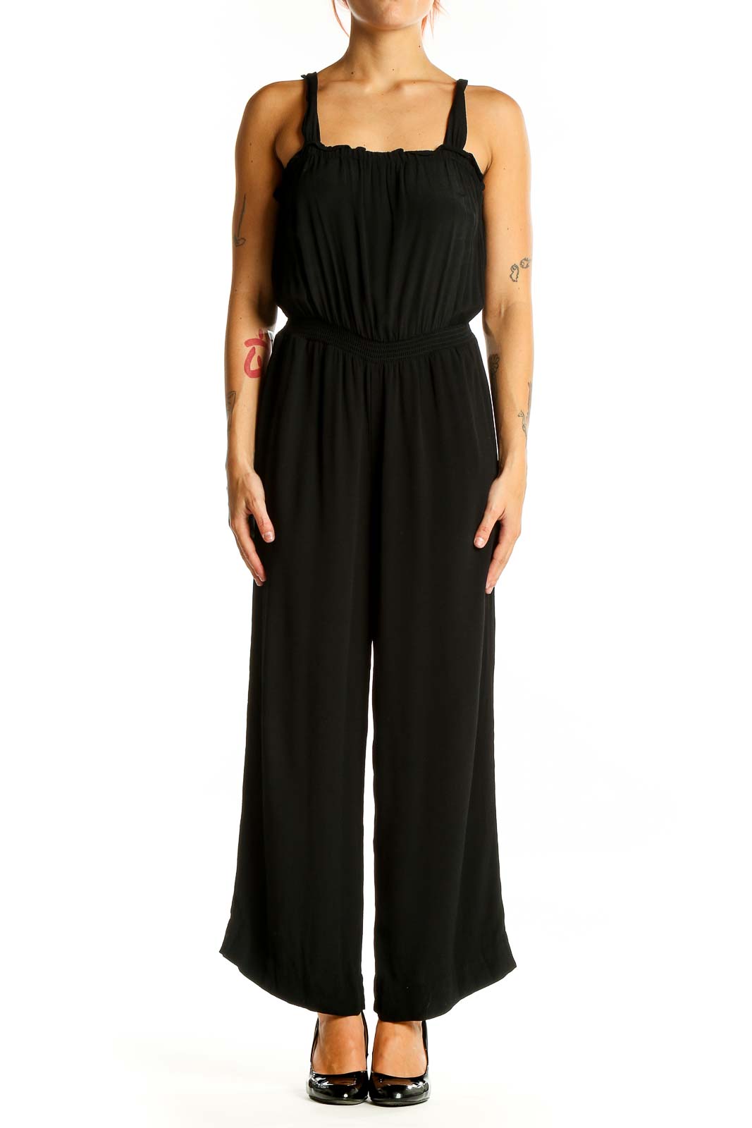 Black Viscose Wide-Leg Jumpsuit Front