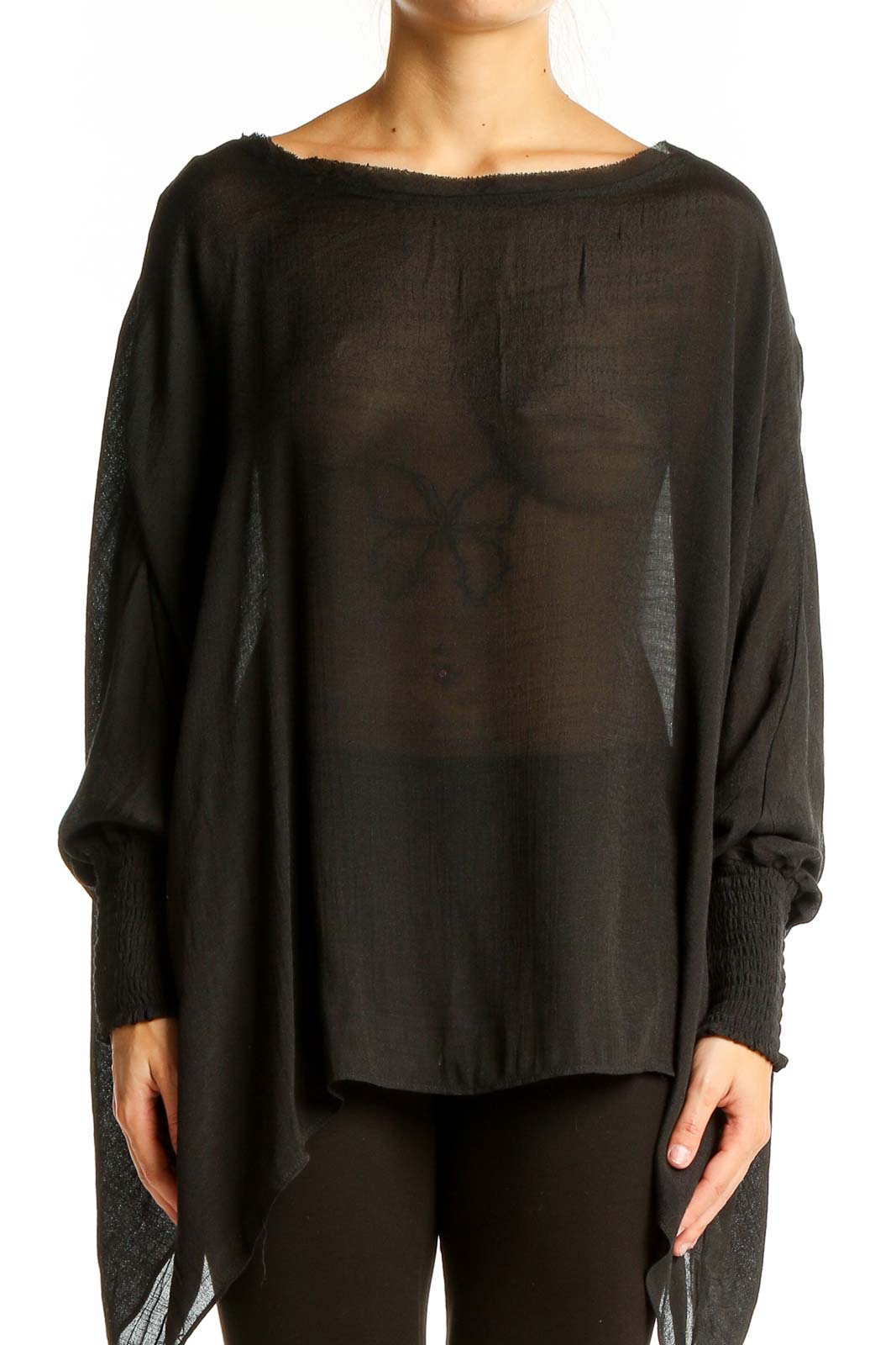 Black Sheer Oversized Batwing Top Front