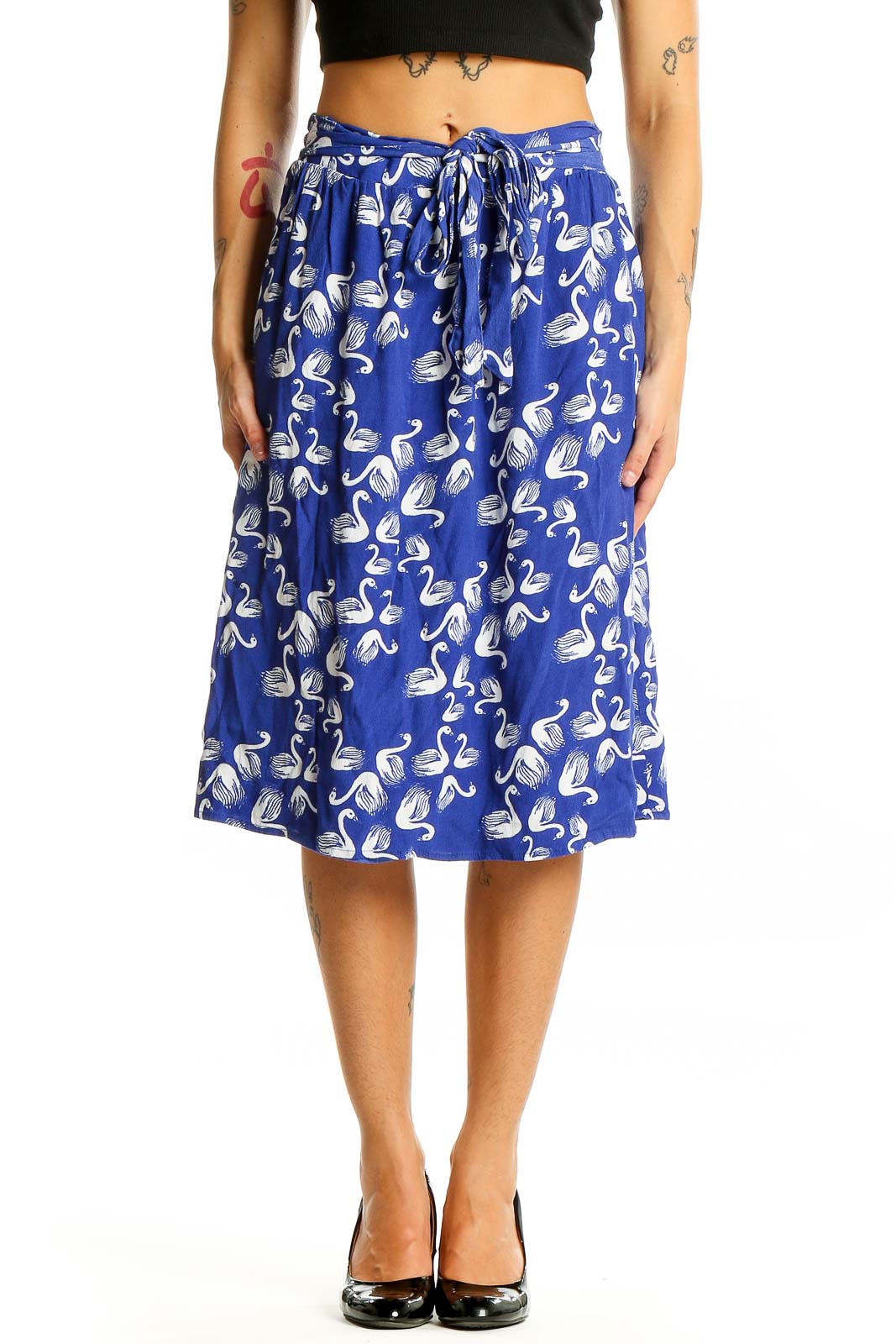 Blue Swan Print Midi Skirt Front