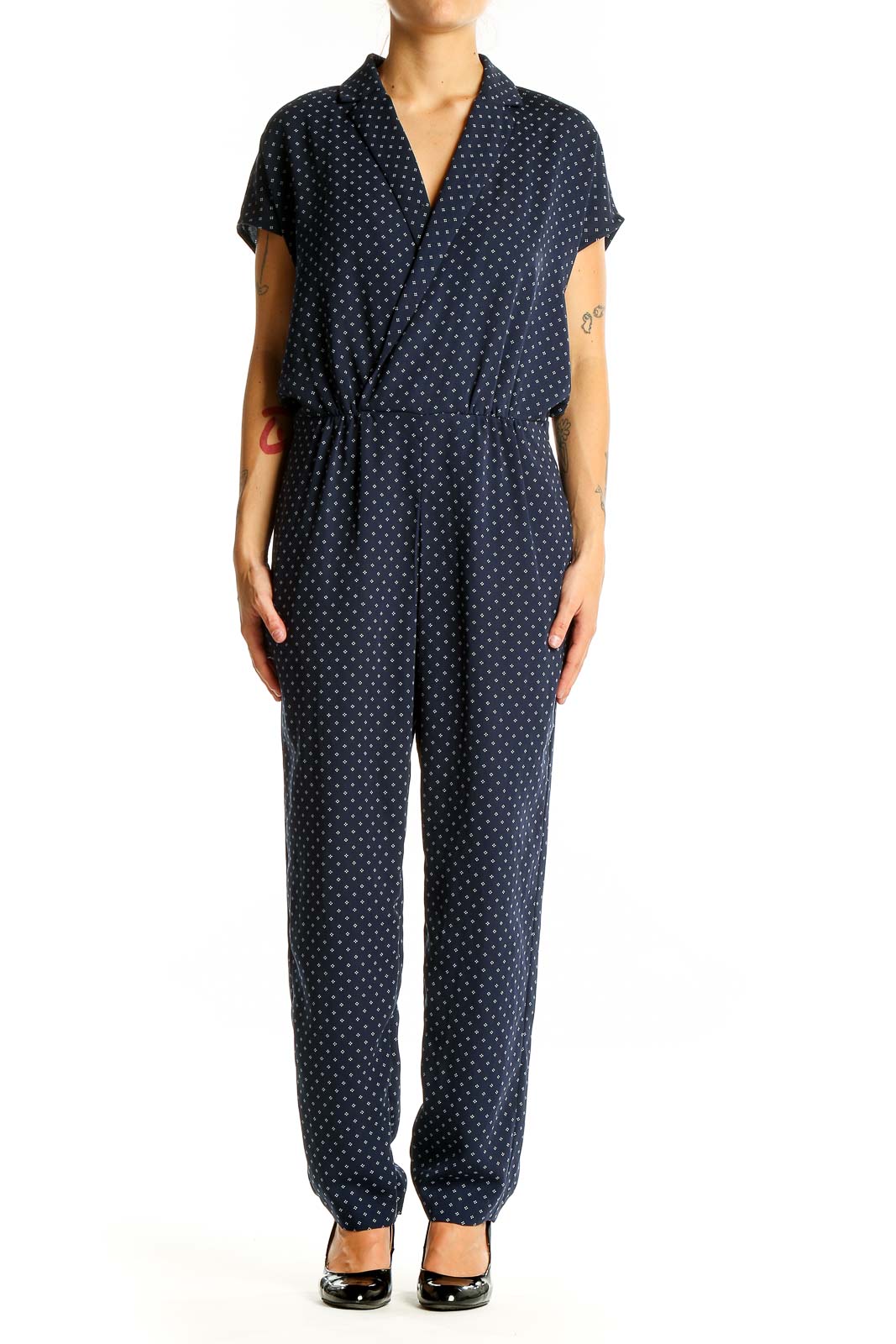 Navy Polka Dot Short Sleeve Jumpsuit Front
