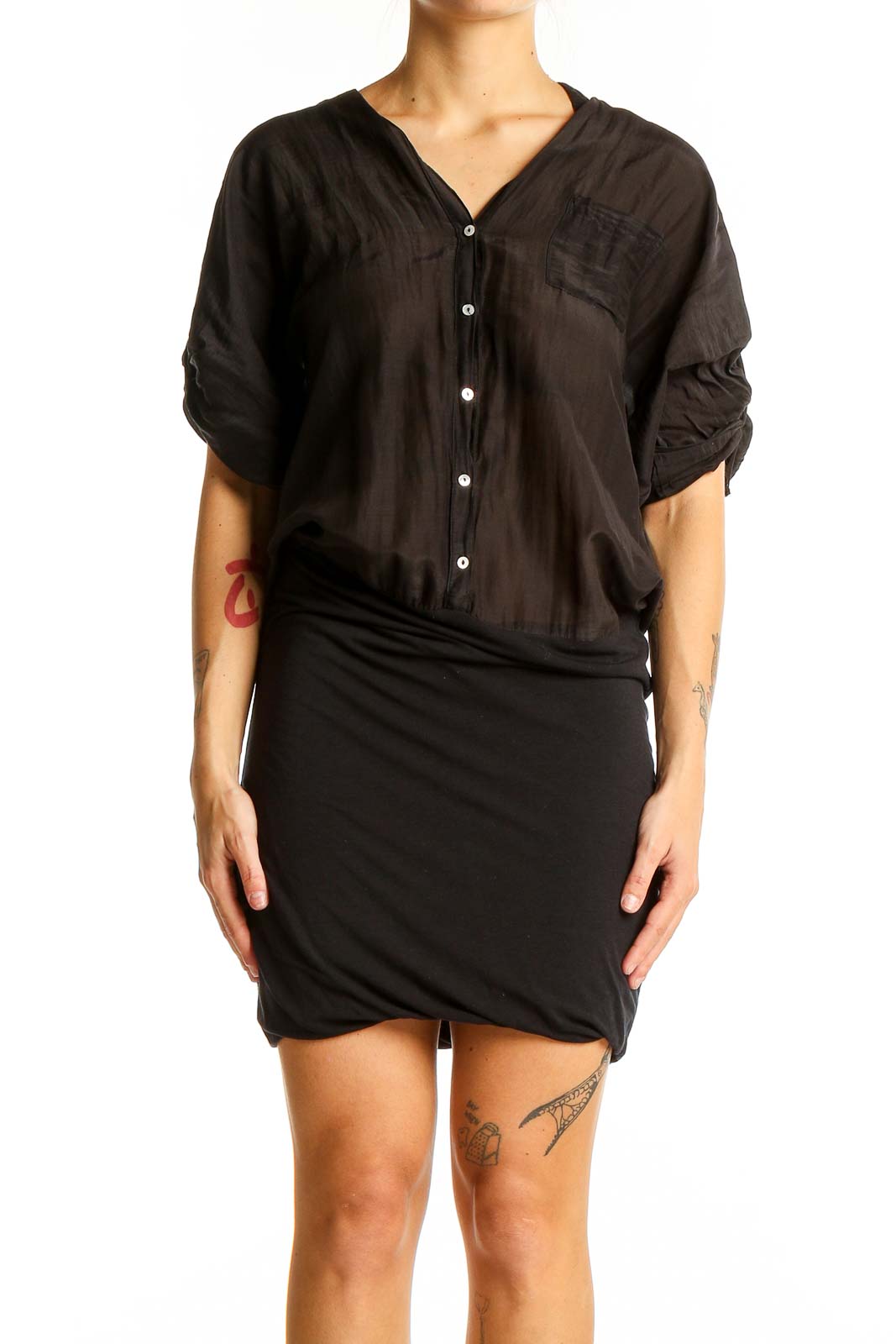 Black Button-Down Shirt Dress Front