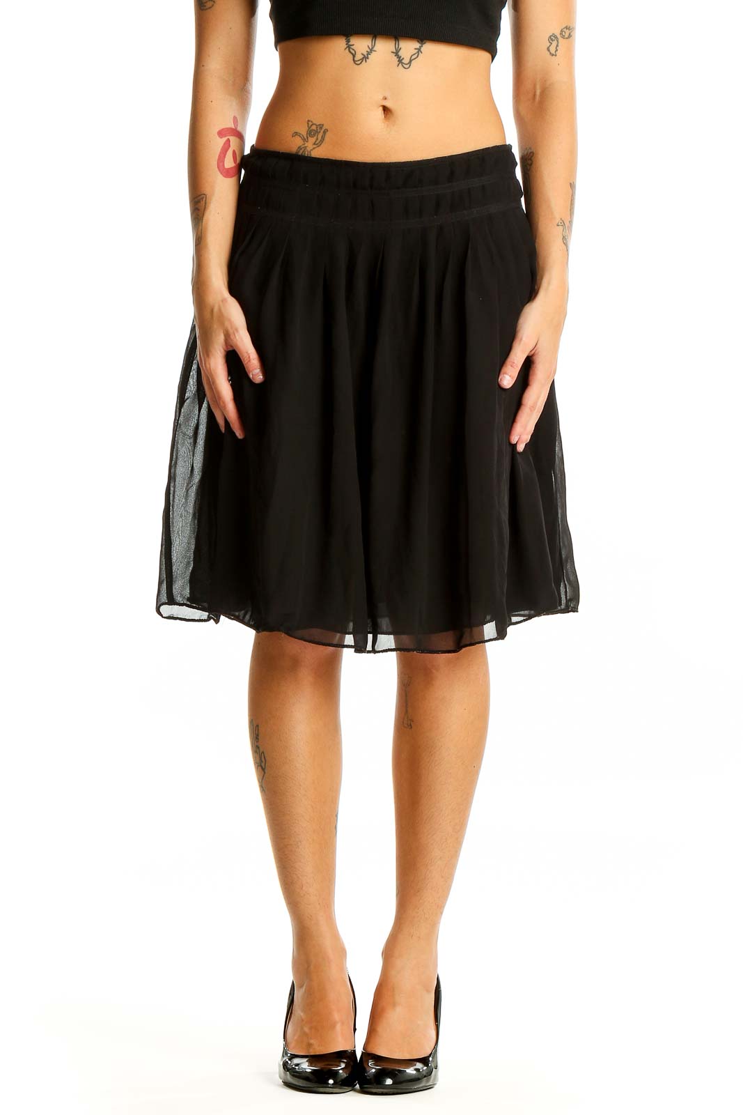 Black Pleated Chiffon Knee-Length Skirt Front