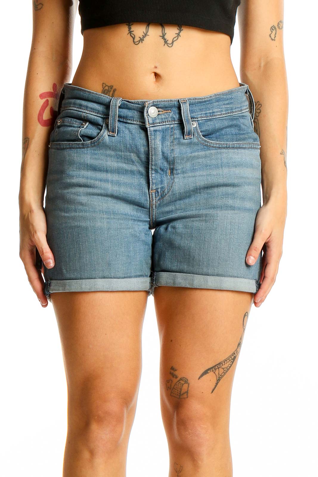 Light Blue Denim Cuffed Shorts Front