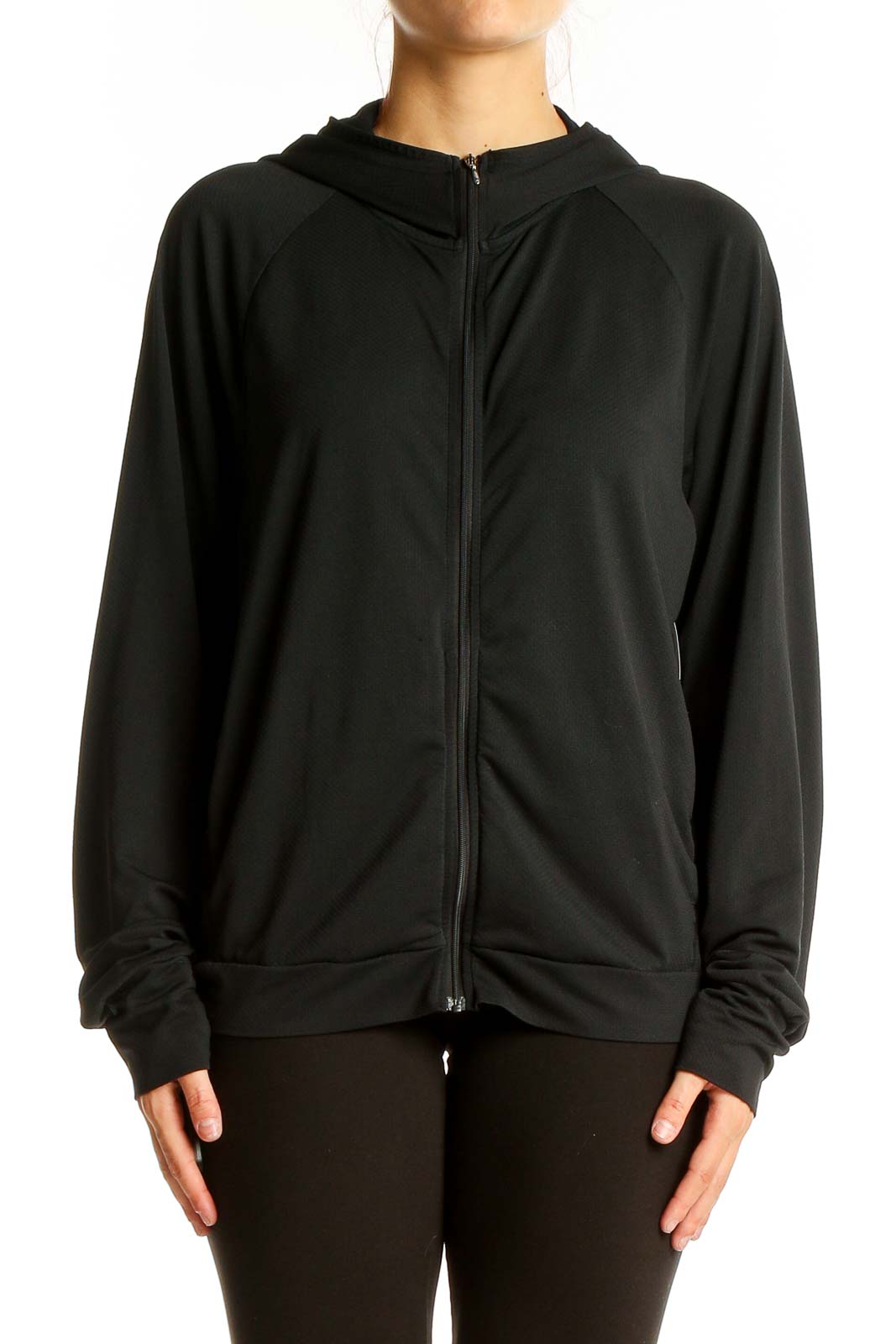 Black Zip-Up Hooded Activewear Jacket Front