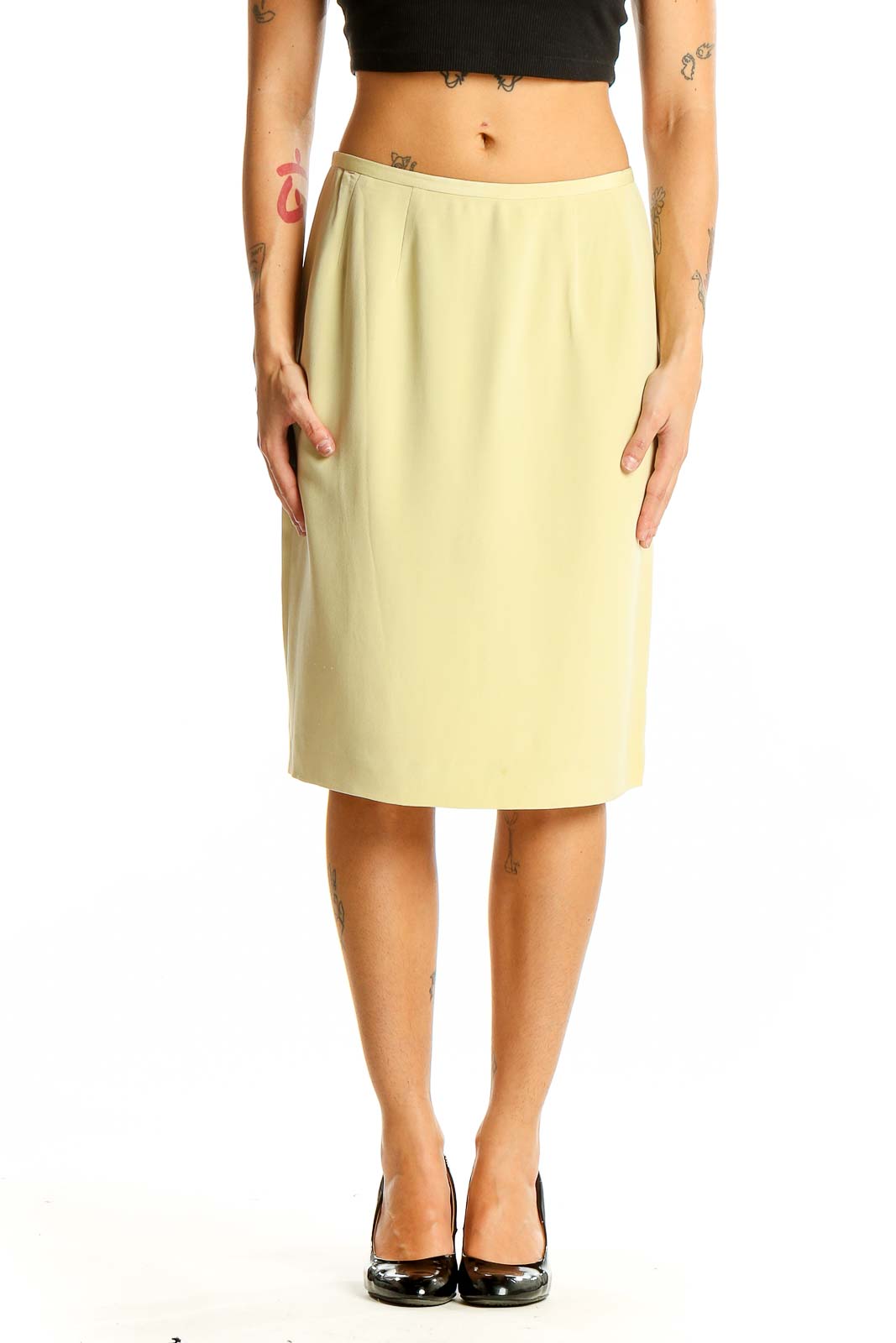 Pale Yellow Acetate & Silk Pencil Skirt Front