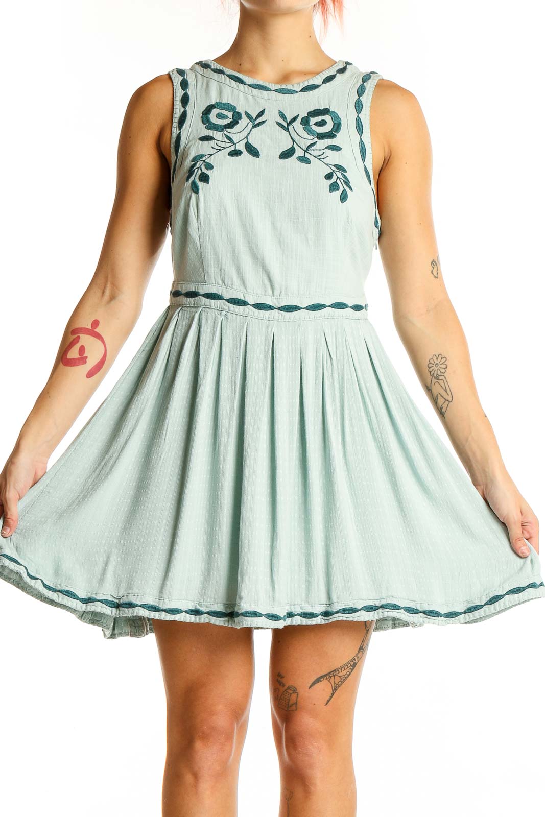 Mint Embroidered Sleeveless Mini Dress Front
