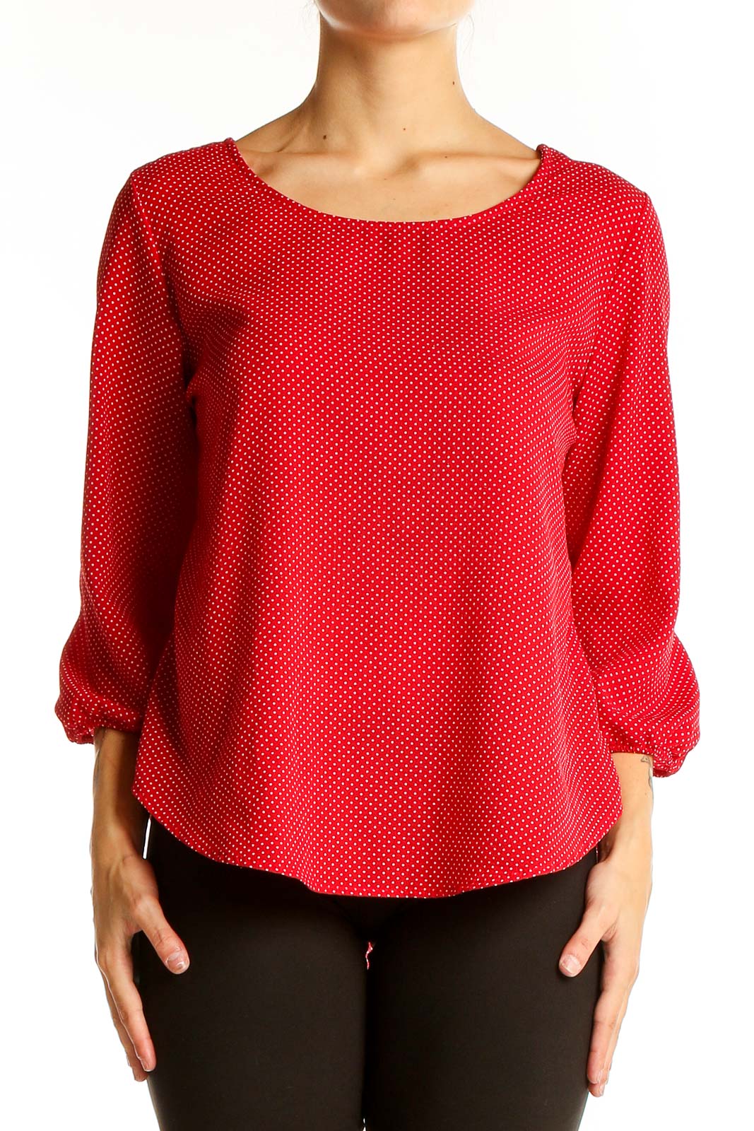 Red Polka Dot Balloon Sleeve Blouse Front