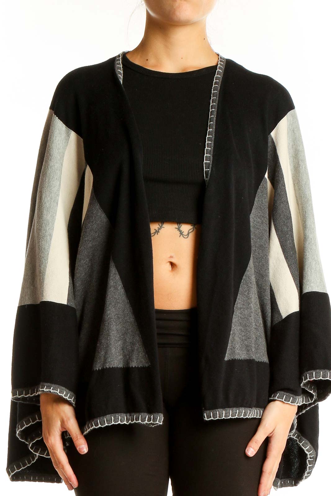 Black and Gray Geometric Knit Poncho Front