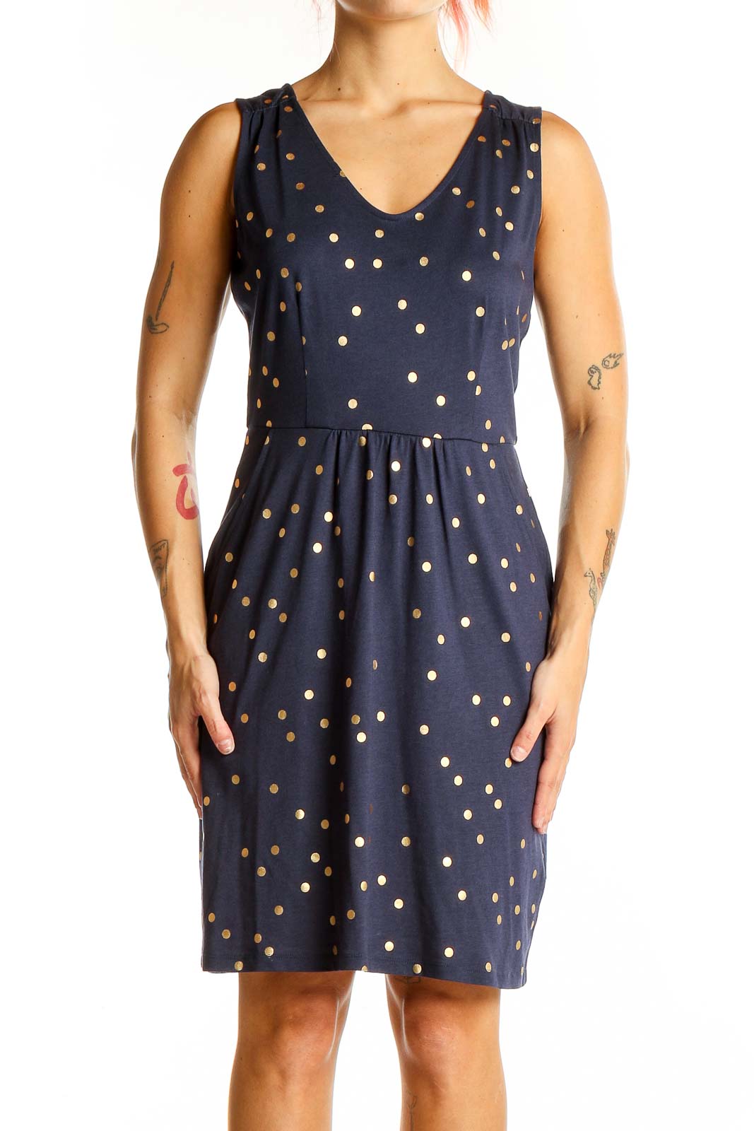 Navy Gold Polka Dot Sleeveless Dress Front