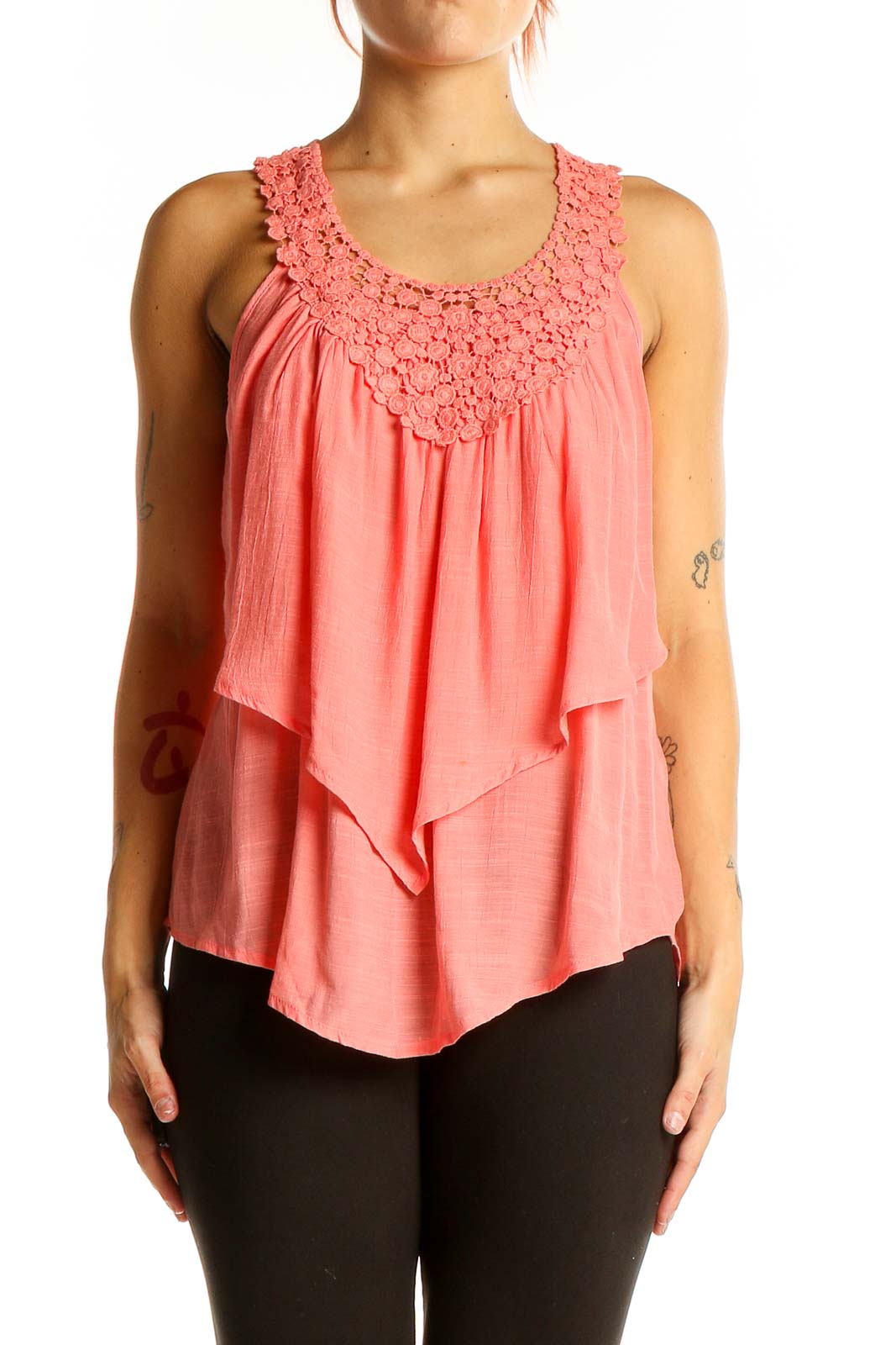Coral Layered Crochet Neckline Tank Top Front