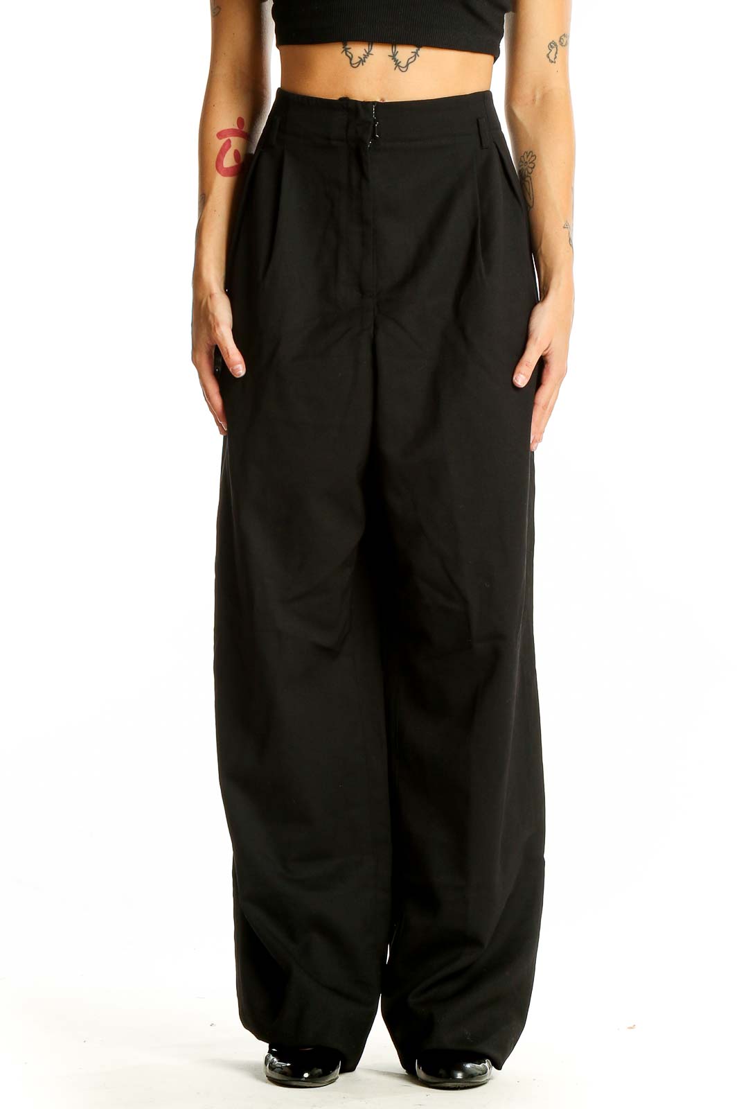 Black Wool Blend Wide-Leg Trousers Front