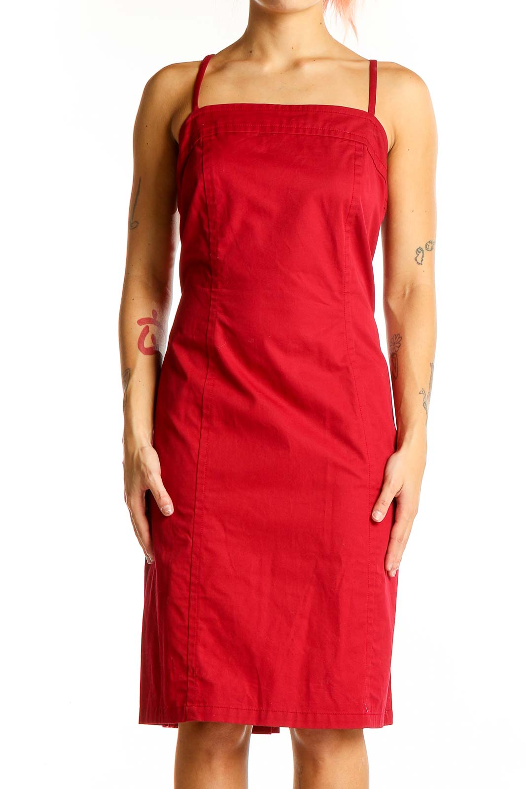 Red Cotton Sleeveless Midi Dress Front