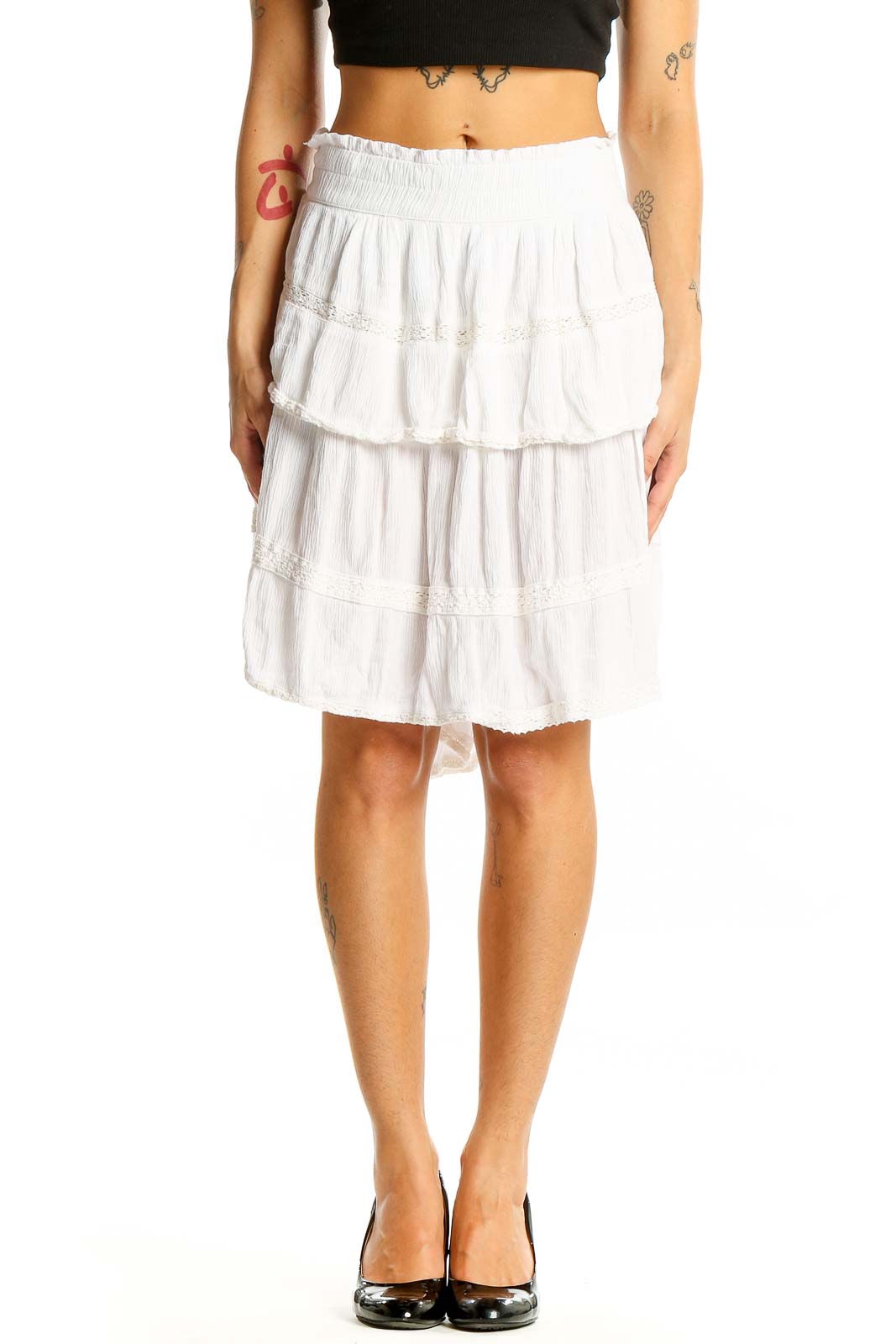 White Tiered Rayon Midi Skirt Front