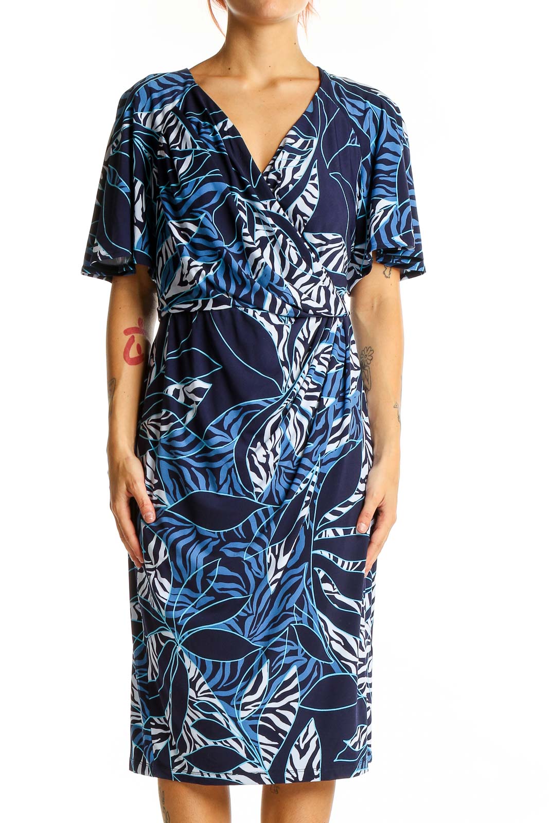 Navy Tropical Print Wrap Midi Dress Front