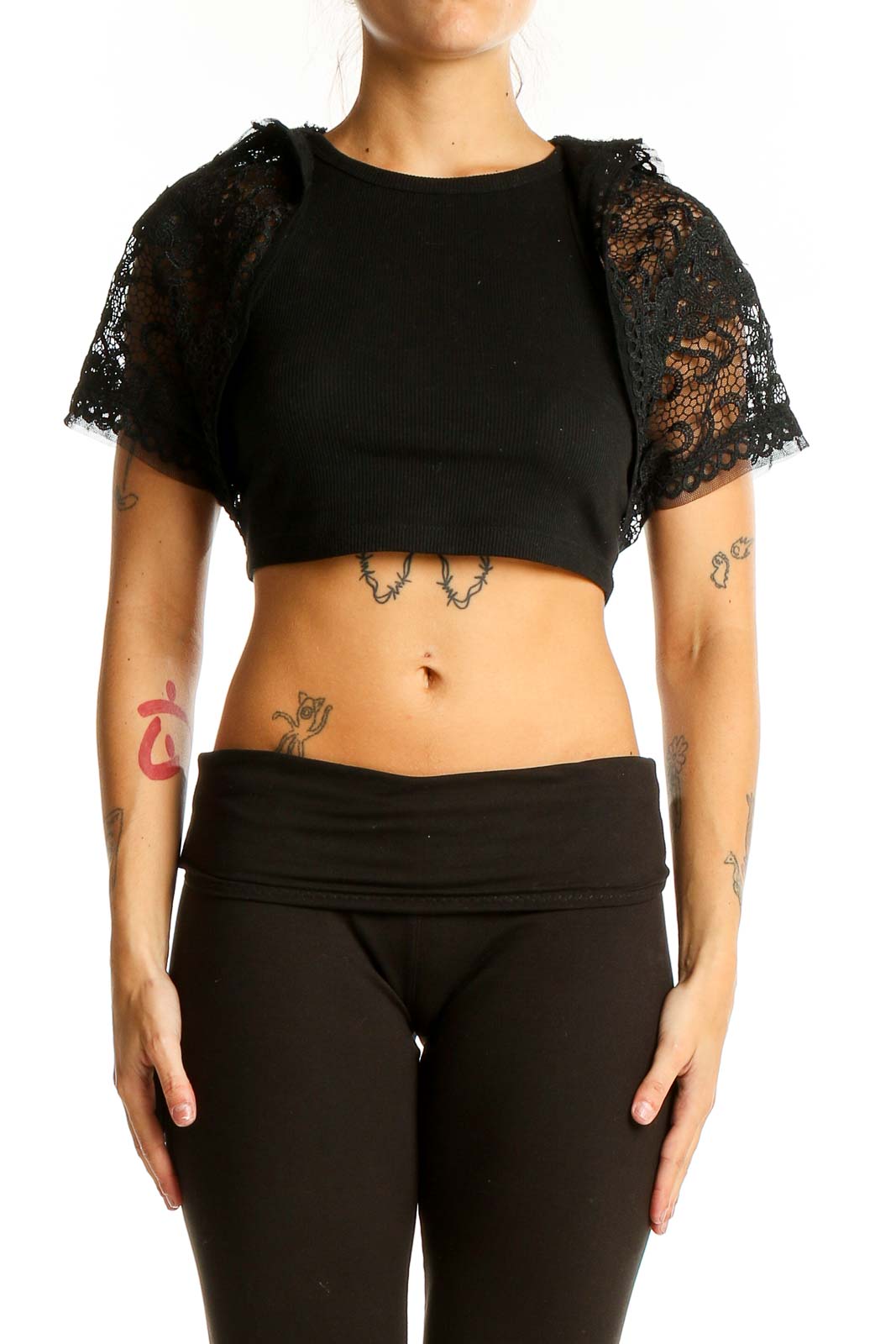 Black Lace Sleeve Crop Top Front