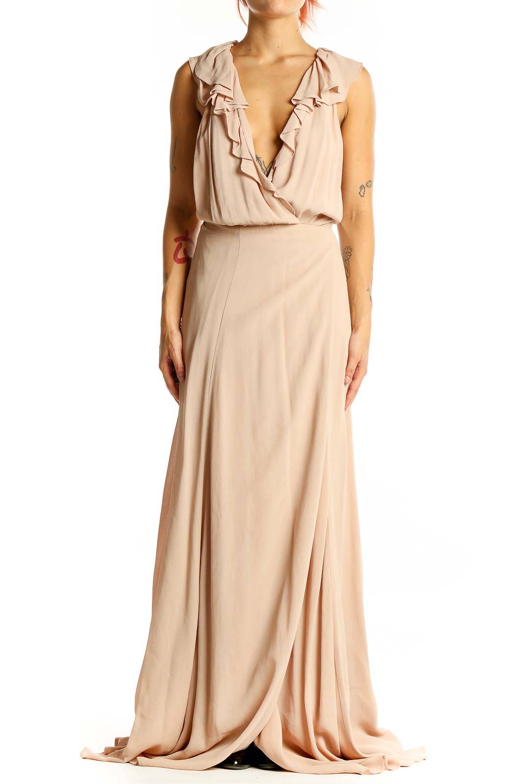 Beige Plunge Neck Evening Dress Front
