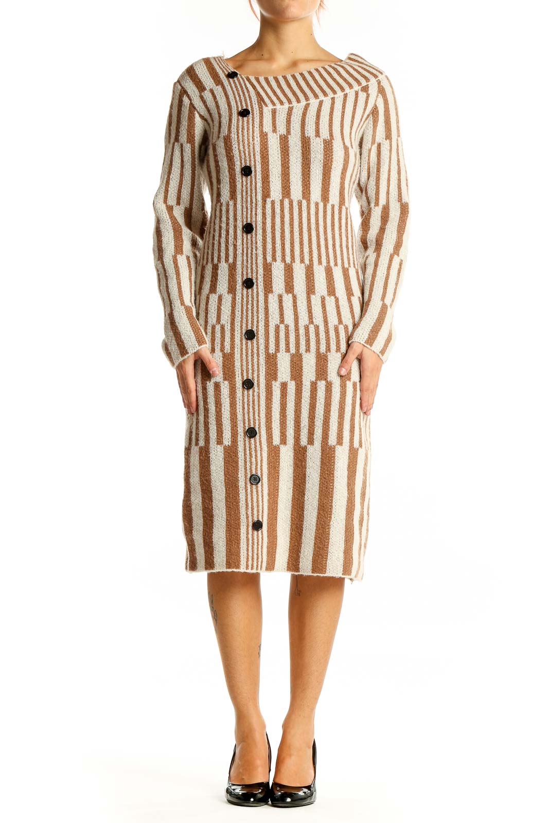 Beige Striped Button-Down Knit Dress Front