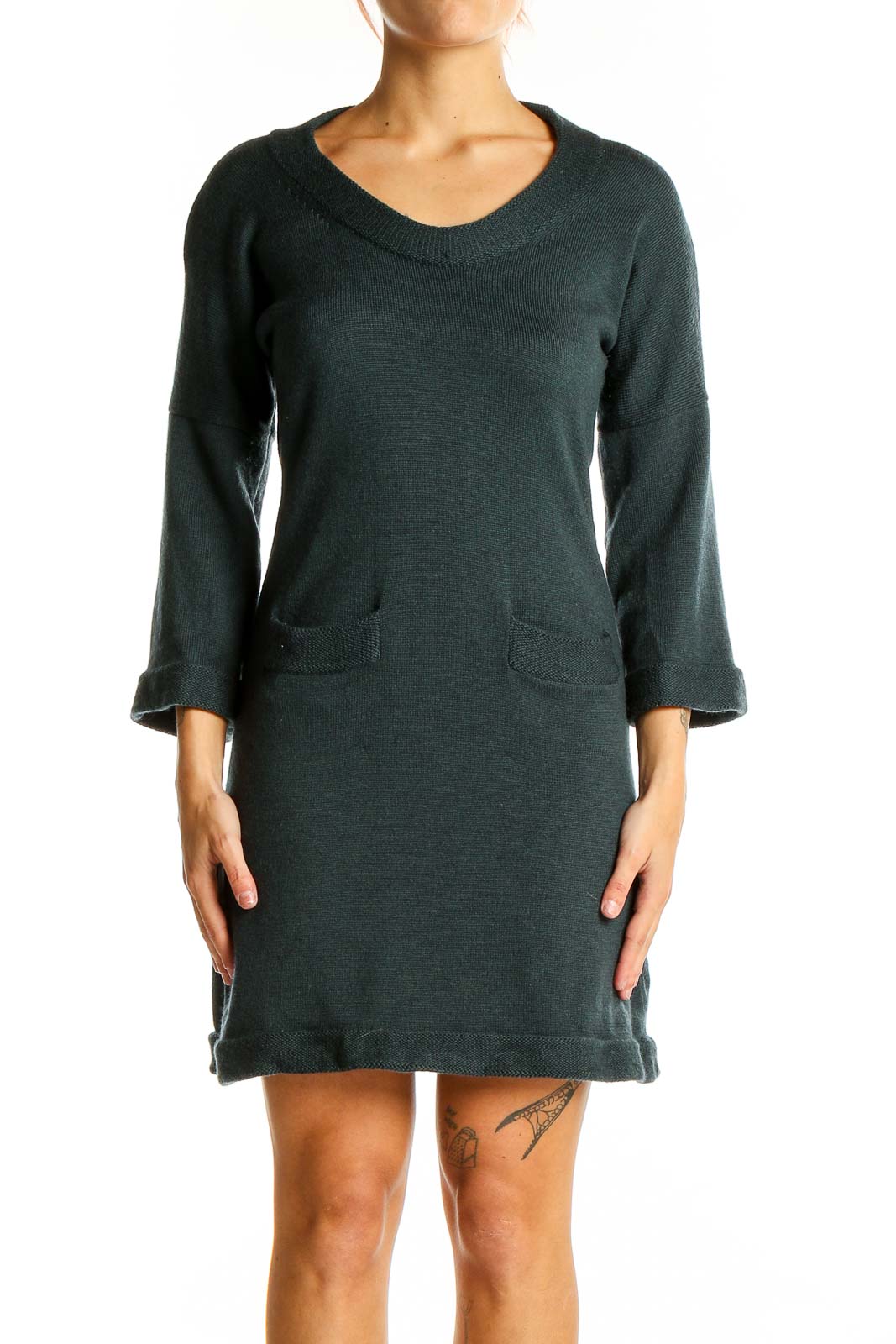 Forest Green Extra Fine Merino Wool Sweater Dress Front
