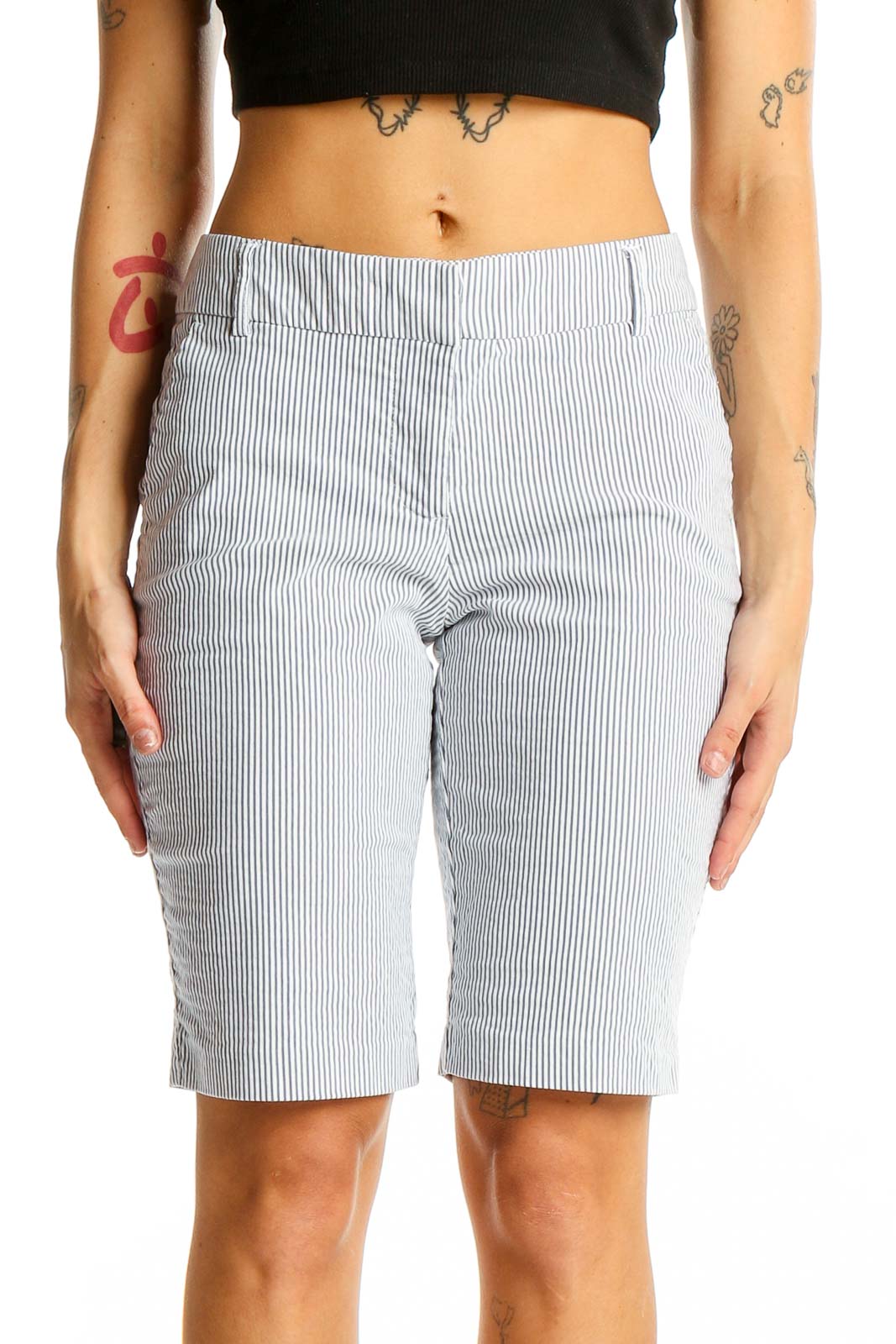 Gray Striped Cotton Blend Bermuda Shorts Front