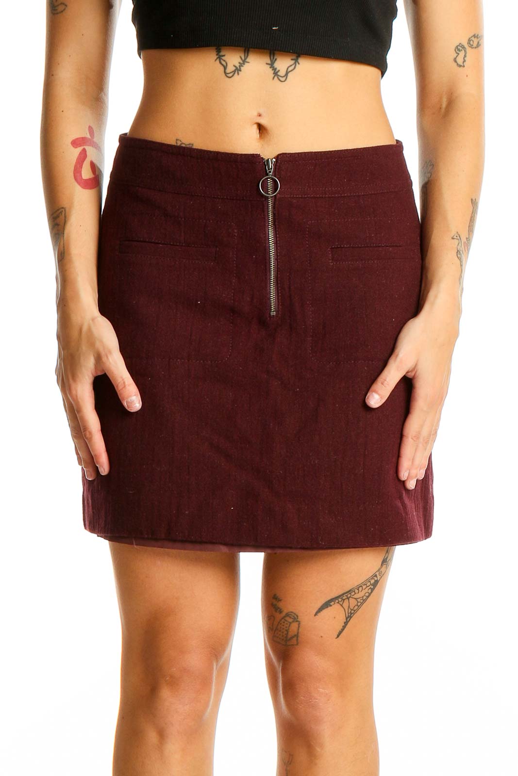 Maroon Zipper Detail Mini Skirt Front