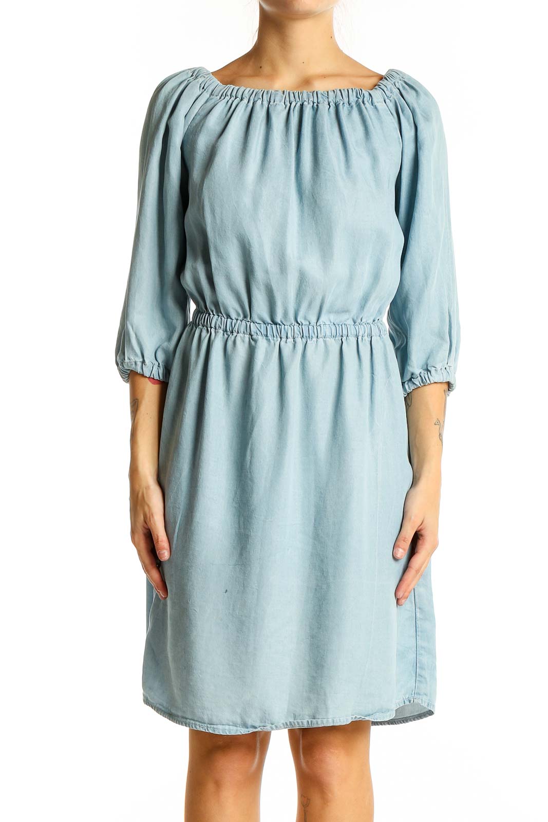 Light Blue Lyocell Gathered Waist Dress Front