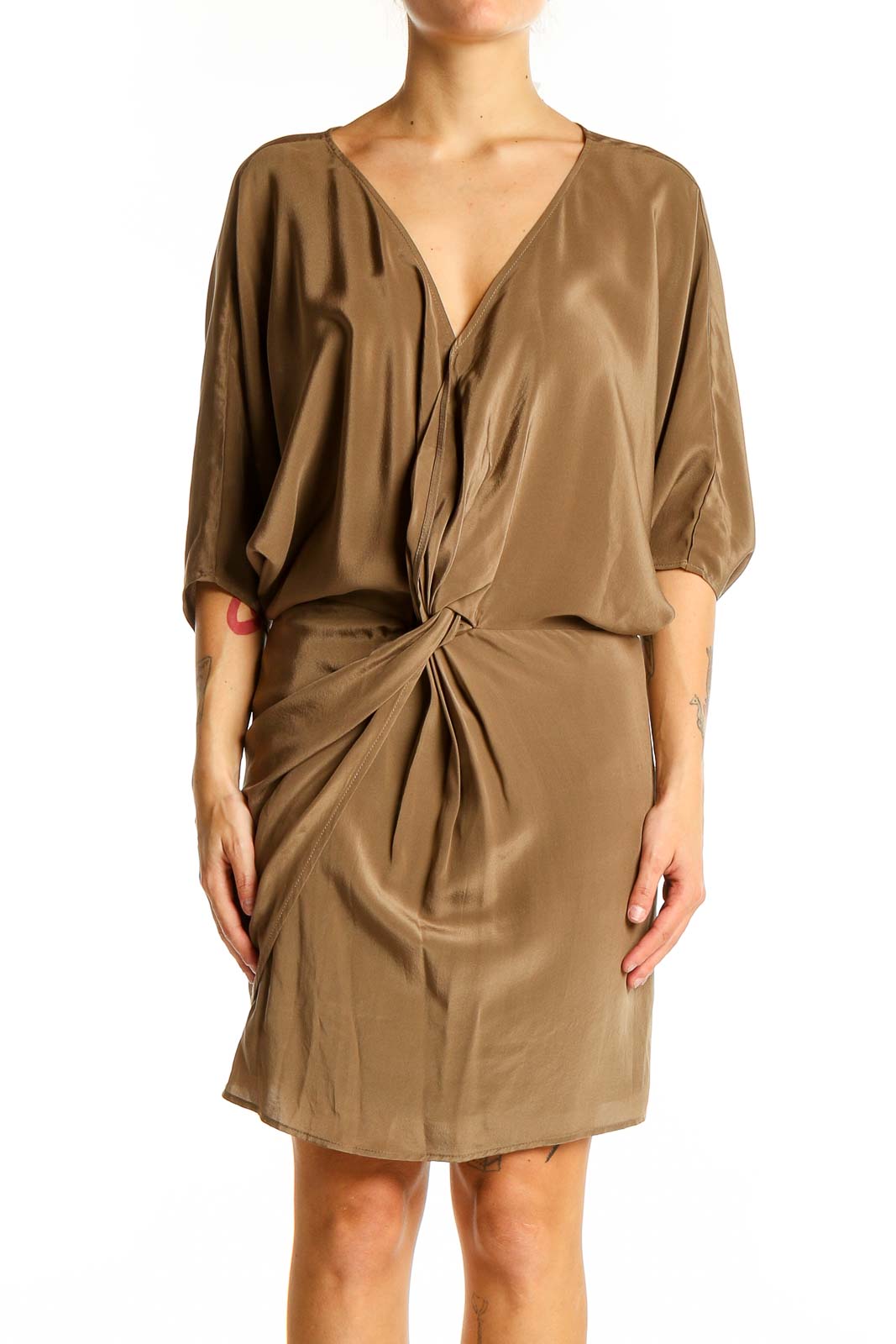 Camel Draped Wrap Dress Front