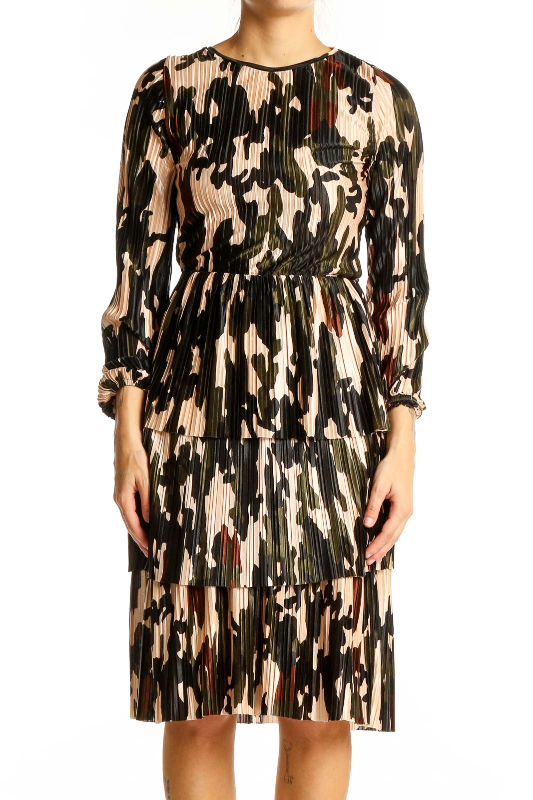 Multicolor Camouflage Pleated Midi Dress Front