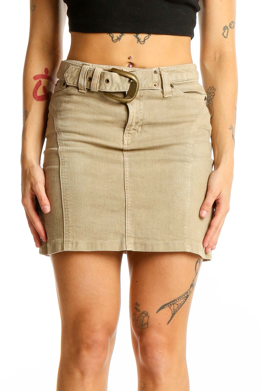 Beige Denim Mini Skirt with Belt Front