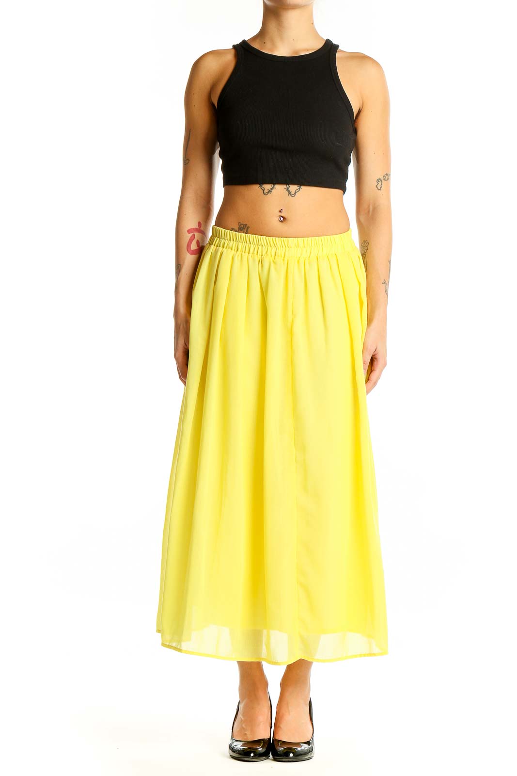 Yellow Flowy Midi Skirt Front