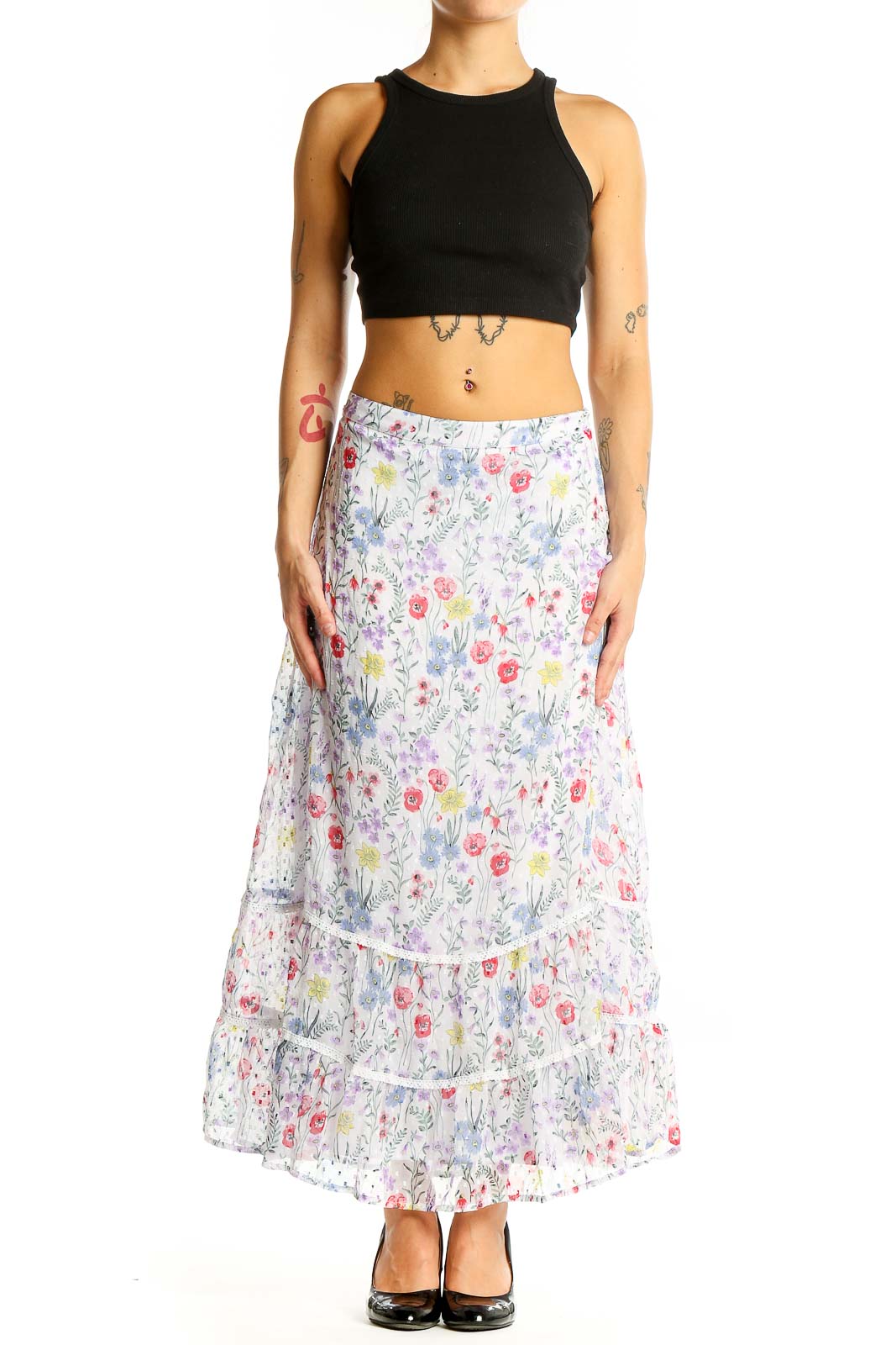 White Floral Tiered Maxi Skirt Front