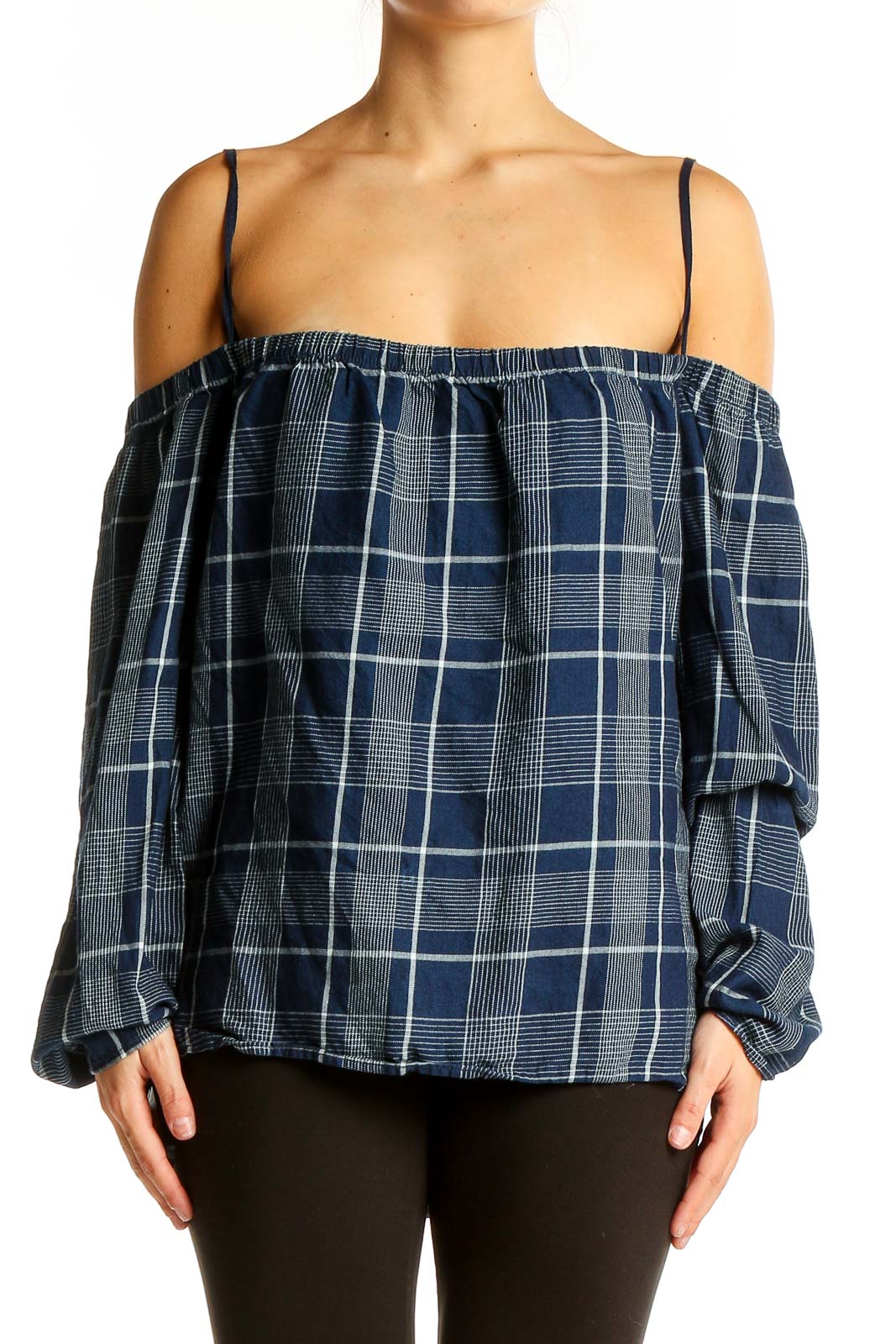 Navy Plaid Off-Shoulder Cotton Top Front