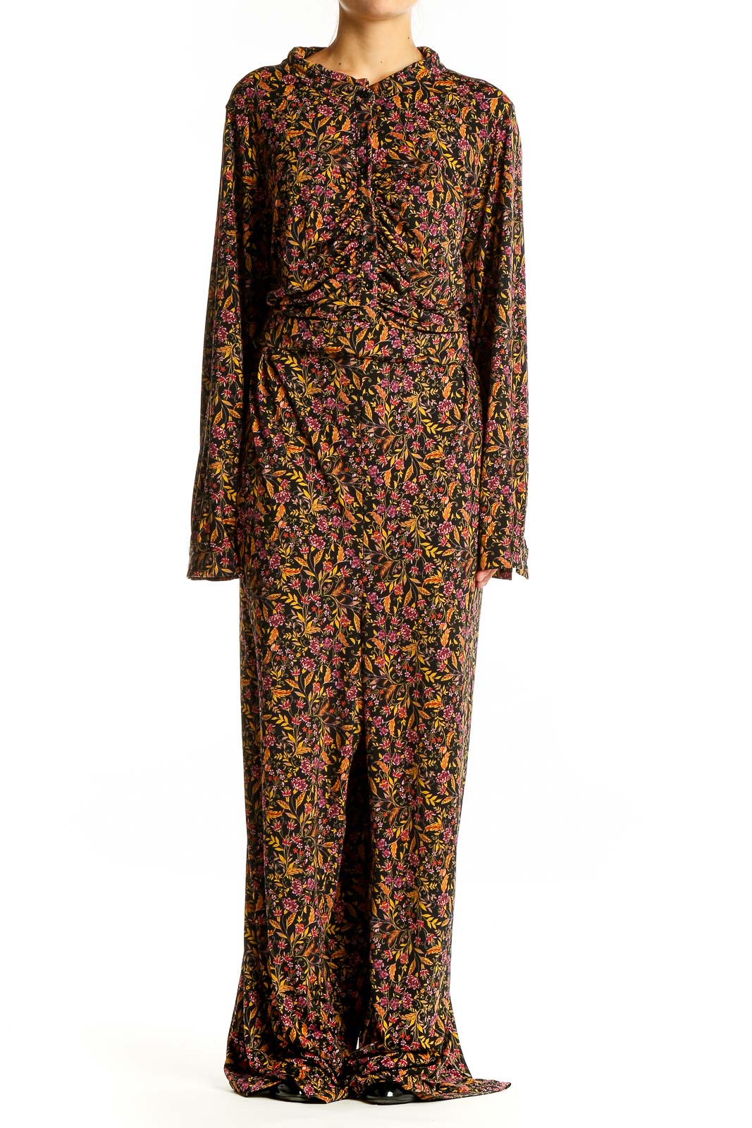 Black Floral Print Long Sleeve Jumpsuit Front