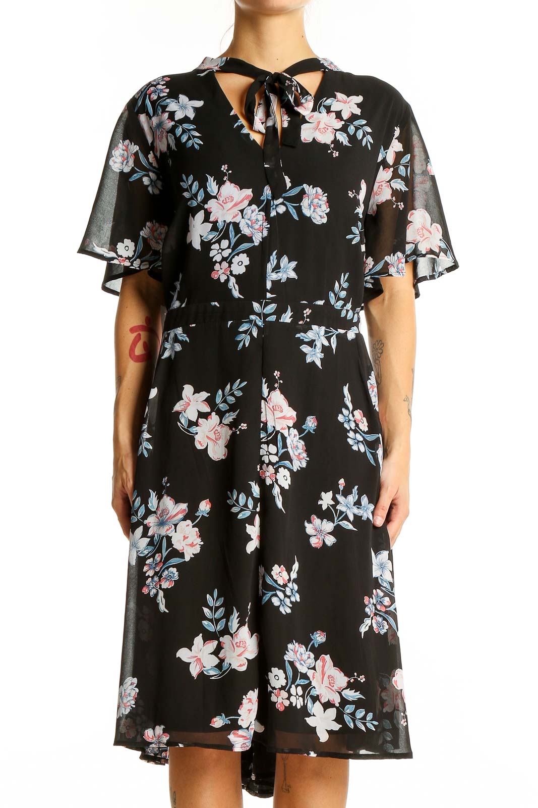 Black Floral Flutter Sleeve Midi Dress Front