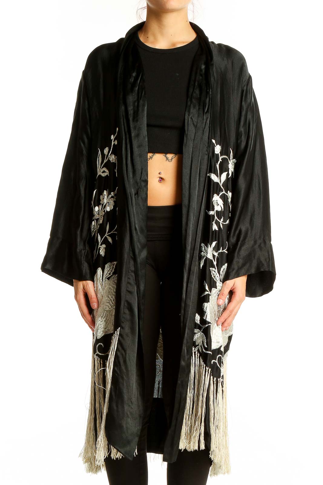 Black White Vintage Floral Embroidery Kimono Front