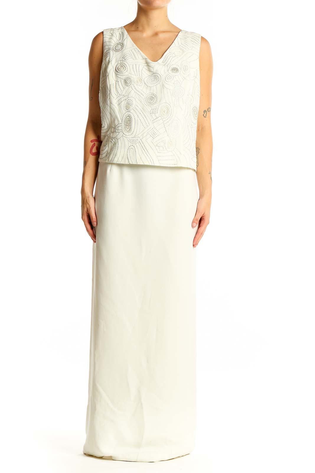 White Embroidered Overlay Maxi Dress Front